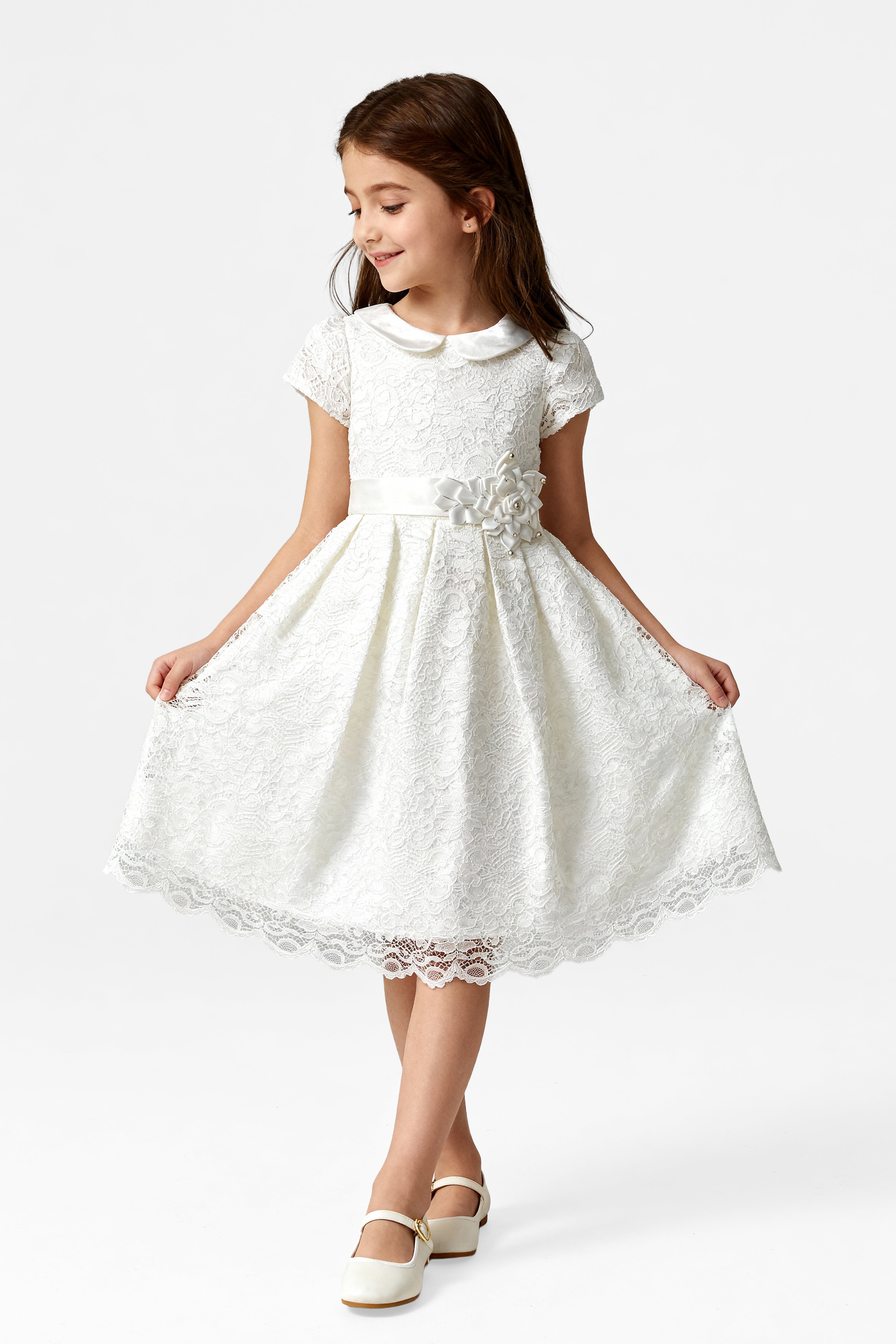 Girls Ivory Floral Lace Dress with Peter Pan Collar Model Picture