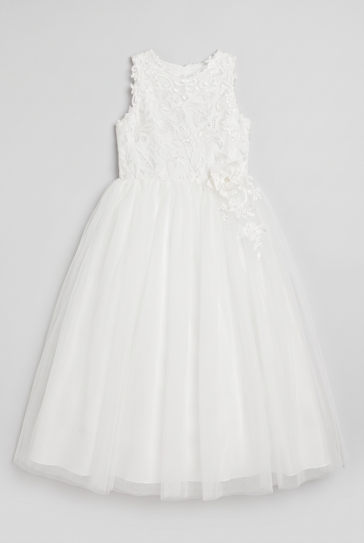 Girls Ivory Floral Lace Tulle Dress with Back Bow - Sevva Dua