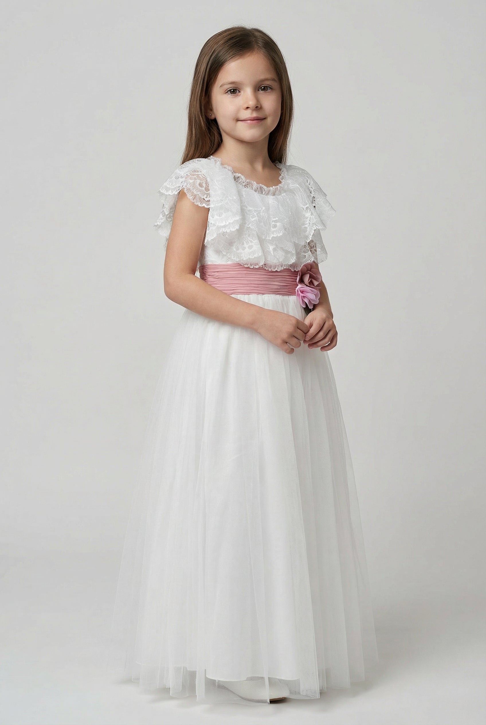 Girls Ivory Lace & Tulle Dress Model Picture