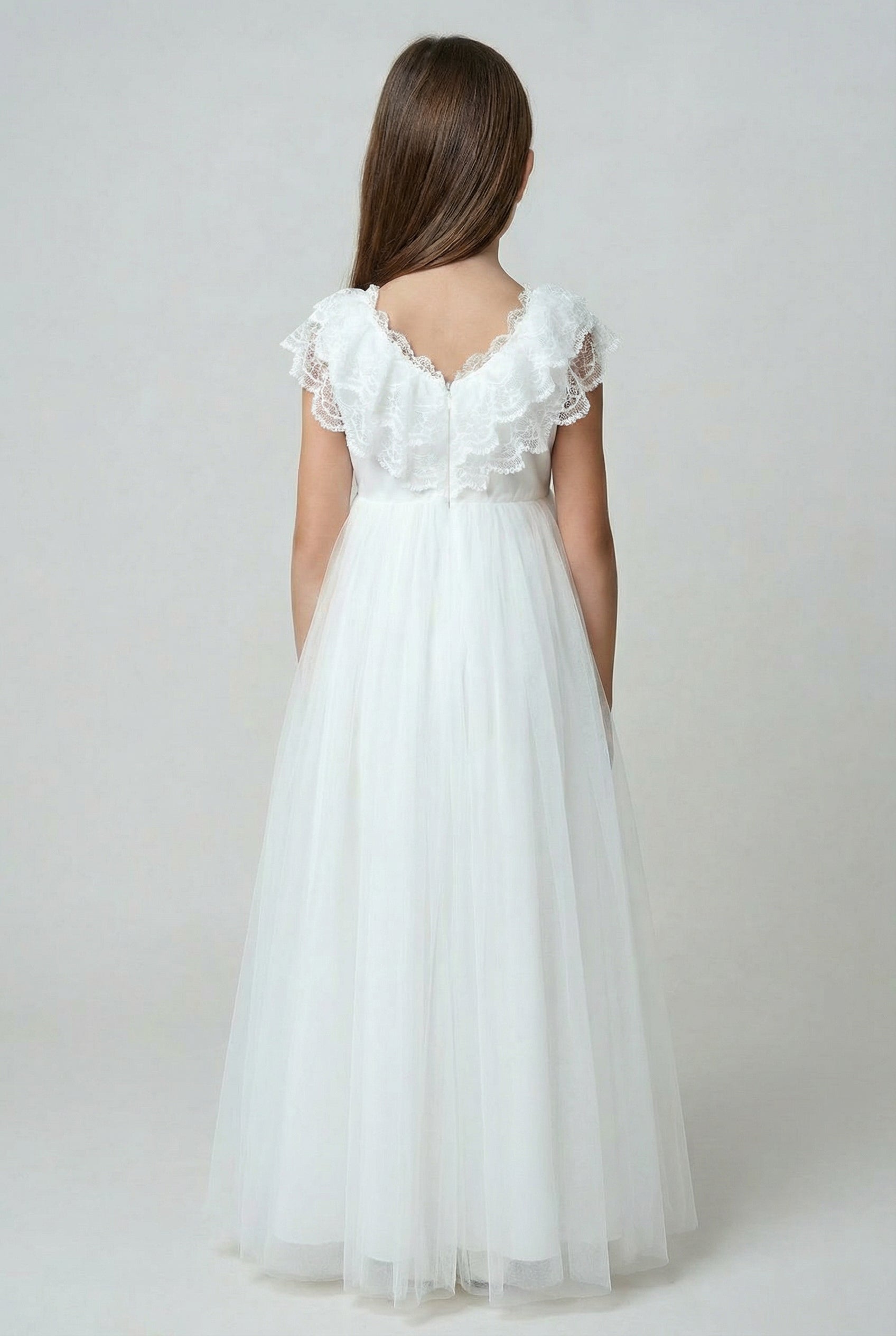 Girls Ivory Lace & Tulle Dress Back Picture