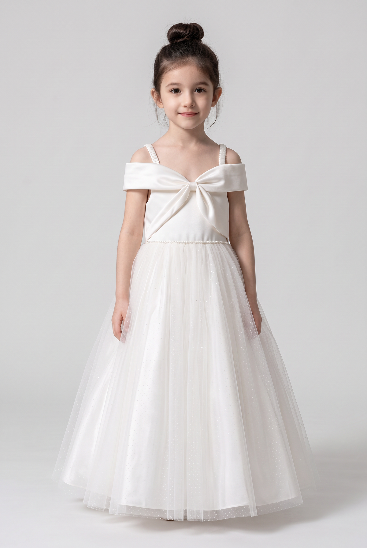 Girls Ivory Tulle Dress with Ruched Straps - Sevva Avery Model Picture