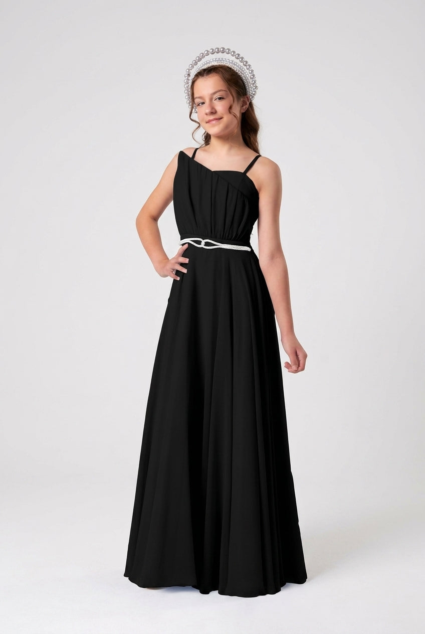 Girls Long Maxi Dress with Braided Belt - Black