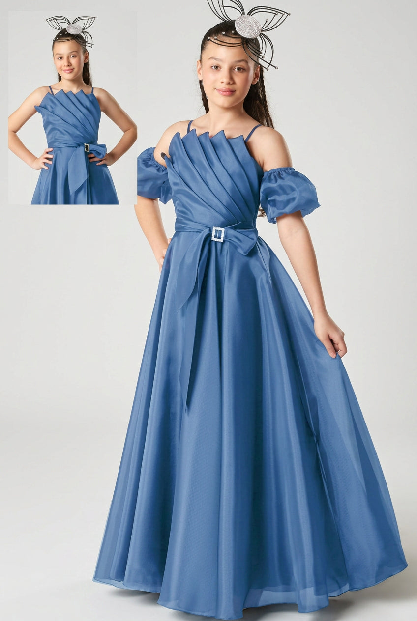 Girls Long Organza Dress with Crystal Sash - Indigo Blue