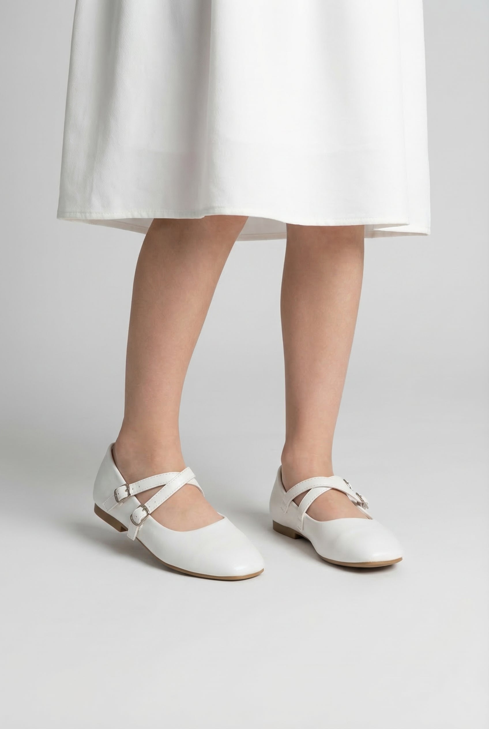 Girls Mary Jane Flat Shoes with Double Straps - Alyssa White Model Picture