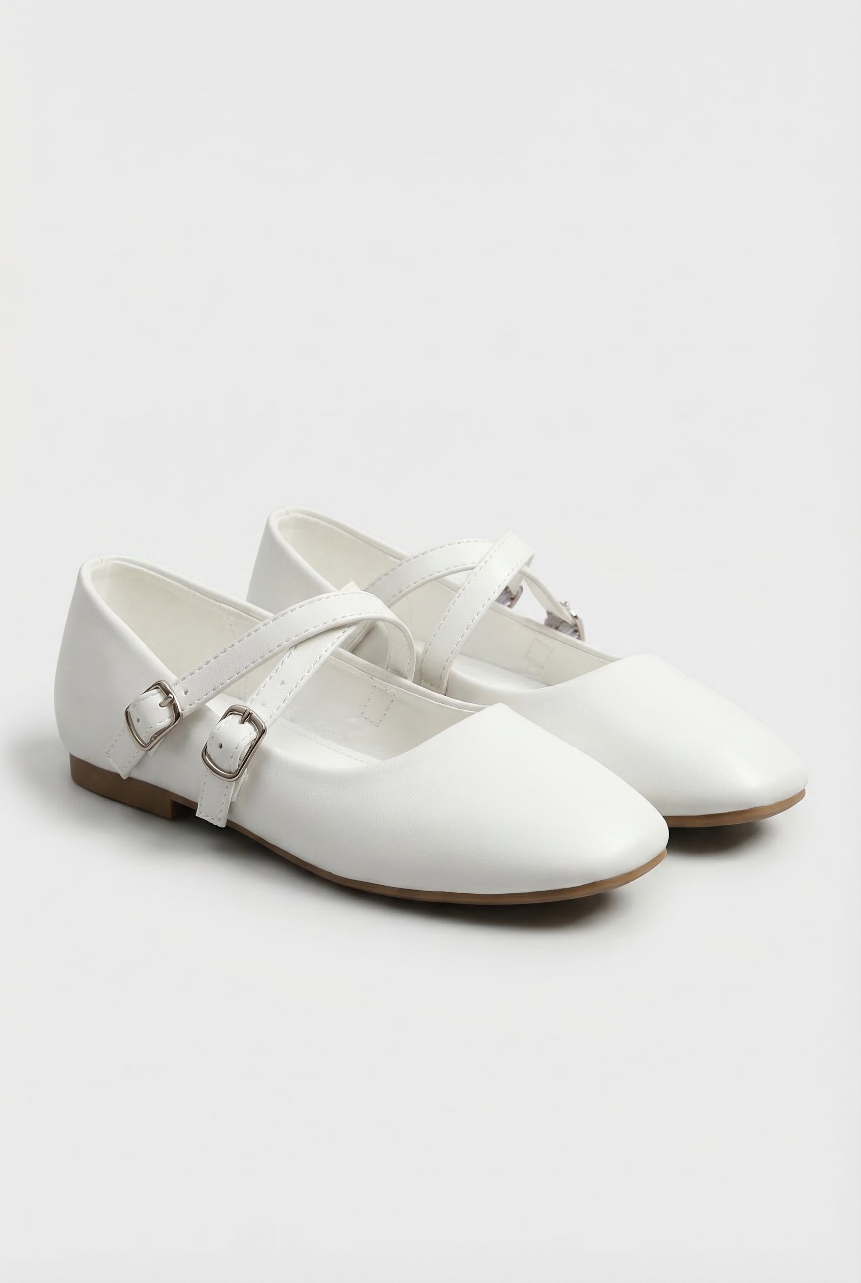 Girls Mary Jane Flat Shoes with Double Straps - Alyssa White Pair Side Picture