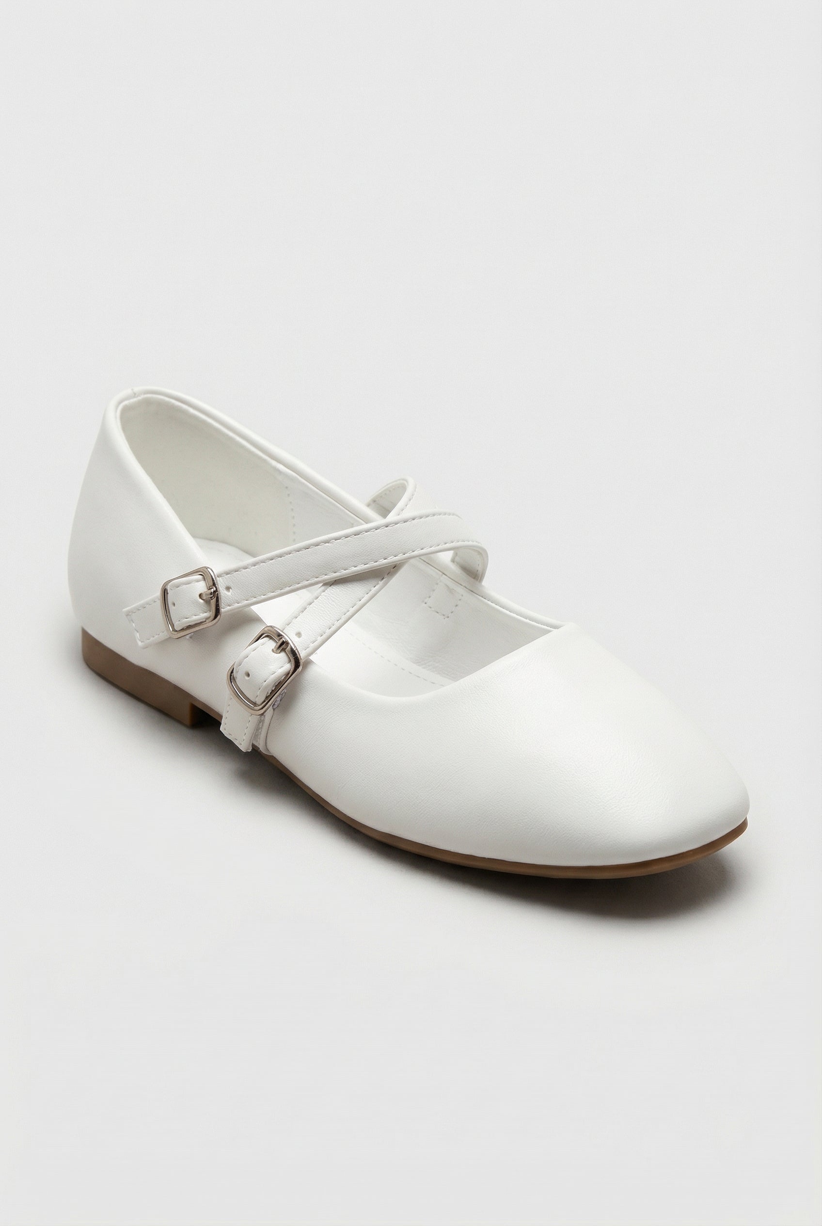 Girls Mary Jane Flat Shoes with Double Straps - Alyssa White Side Picture