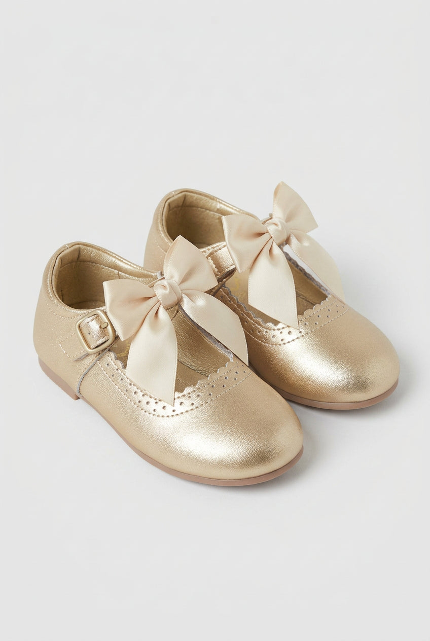Girls Metallic Bow Mary Jane Shoes - Gold Pair Side Picture