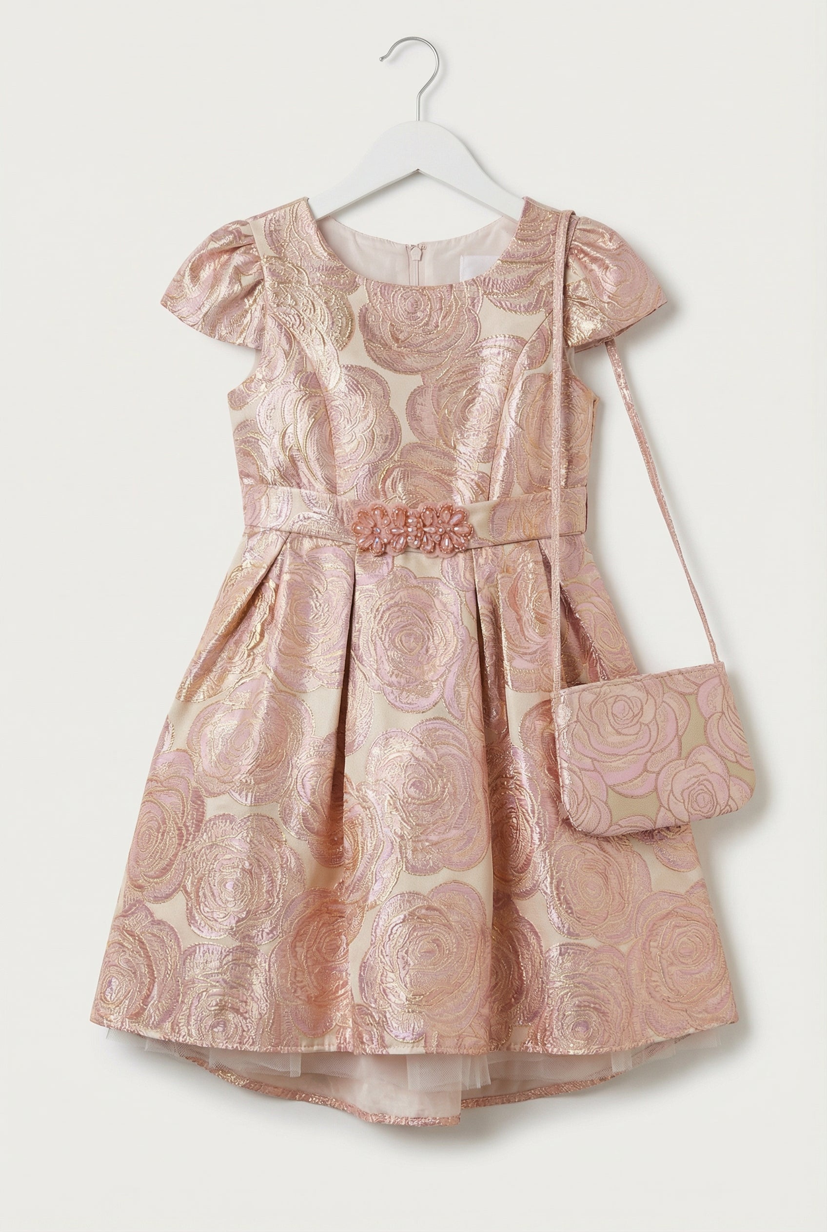 Girls Metallic Floral Brocade Dress Set - Lilac