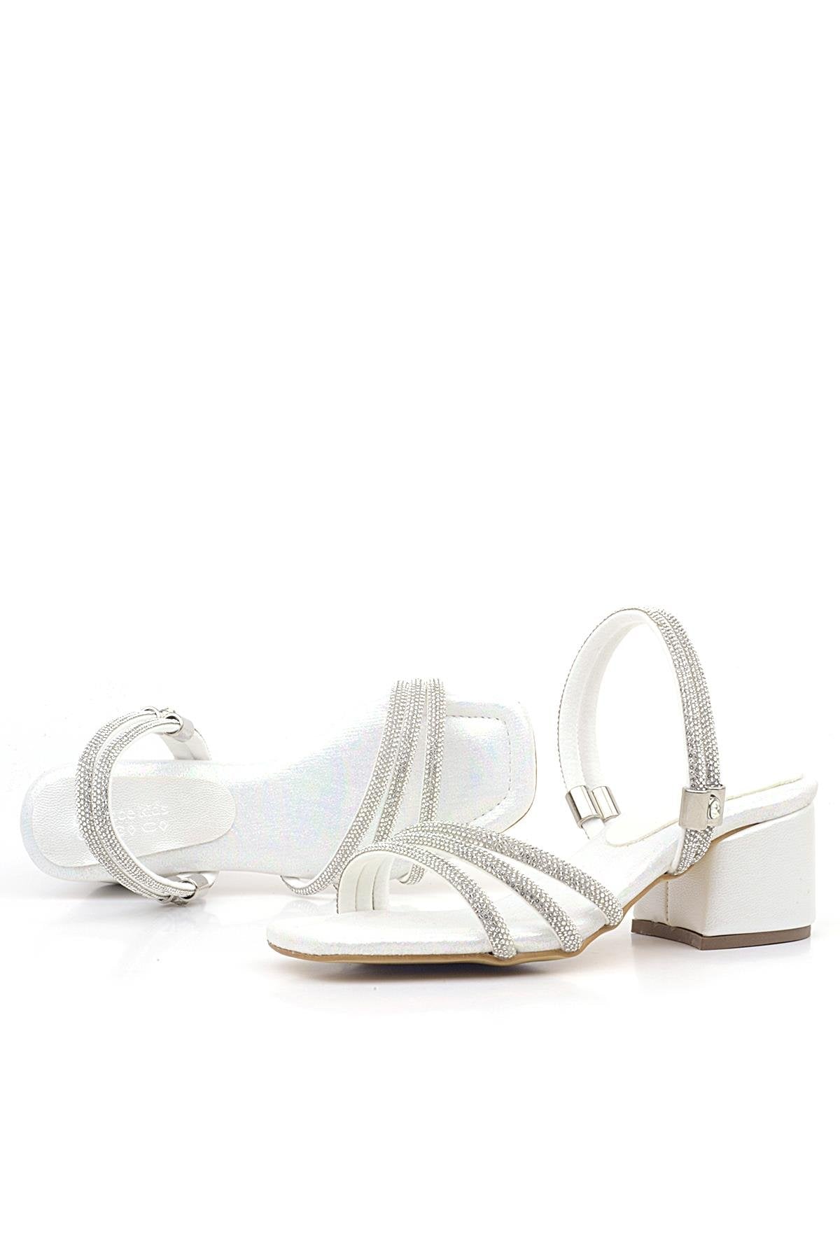 Girls Metallic Strappy Block Heel Sandals - Judy - Pearl White
