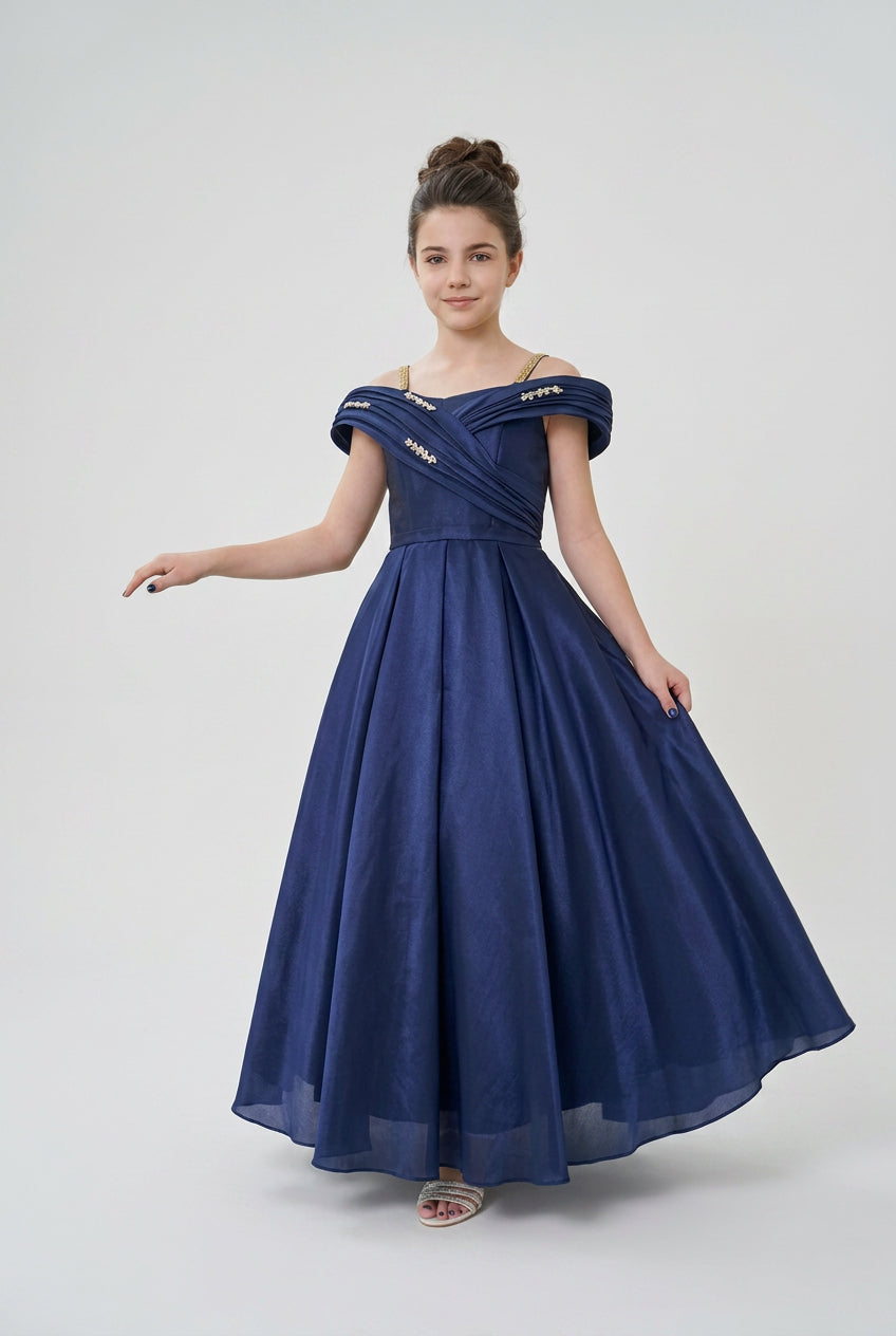 Girls Off-Shoulder Long Formal Dress with Beaded Trim - Navy