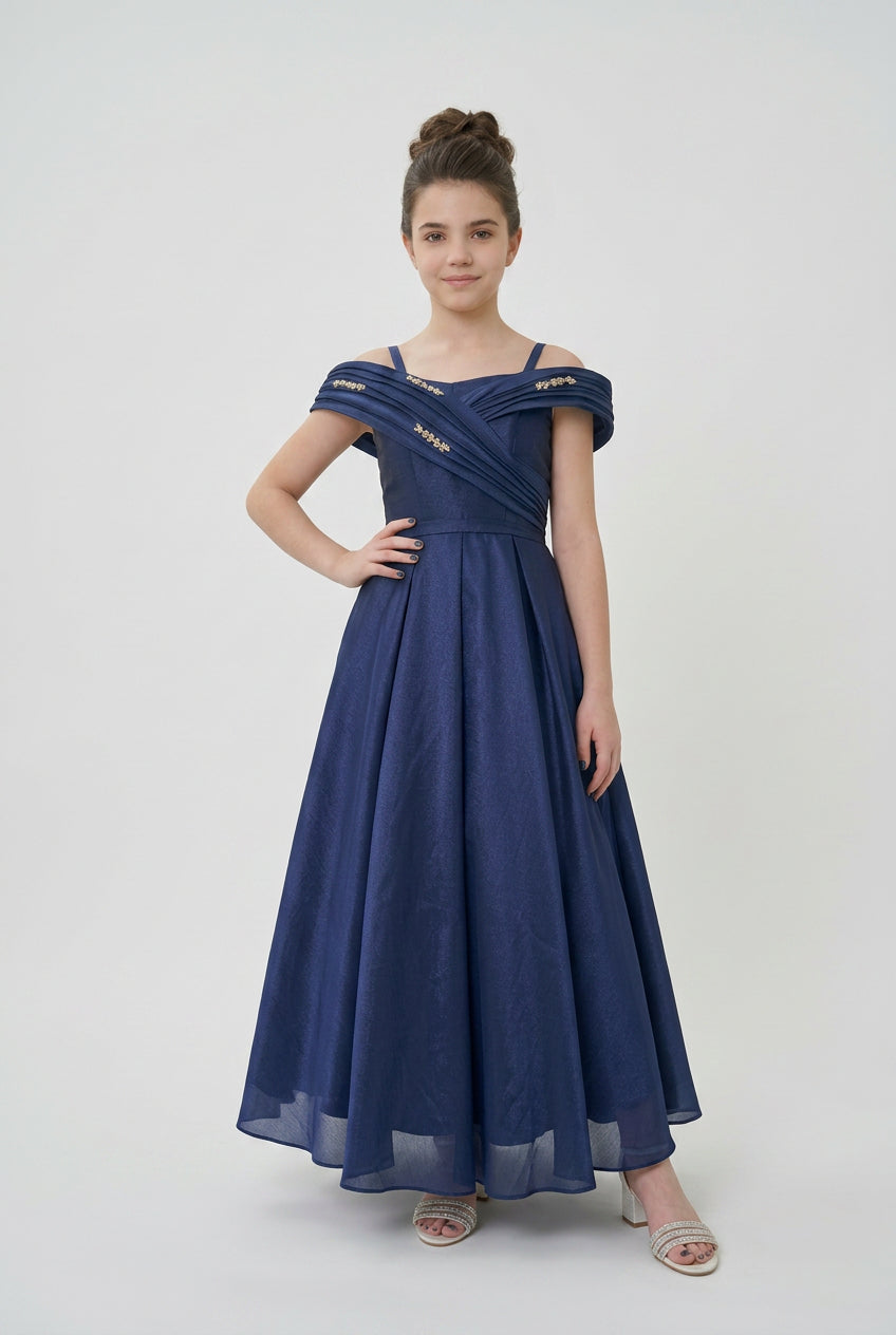 Girls Off-Shoulder Long Formal Dress with Beaded Trim - Navy Model Picture
