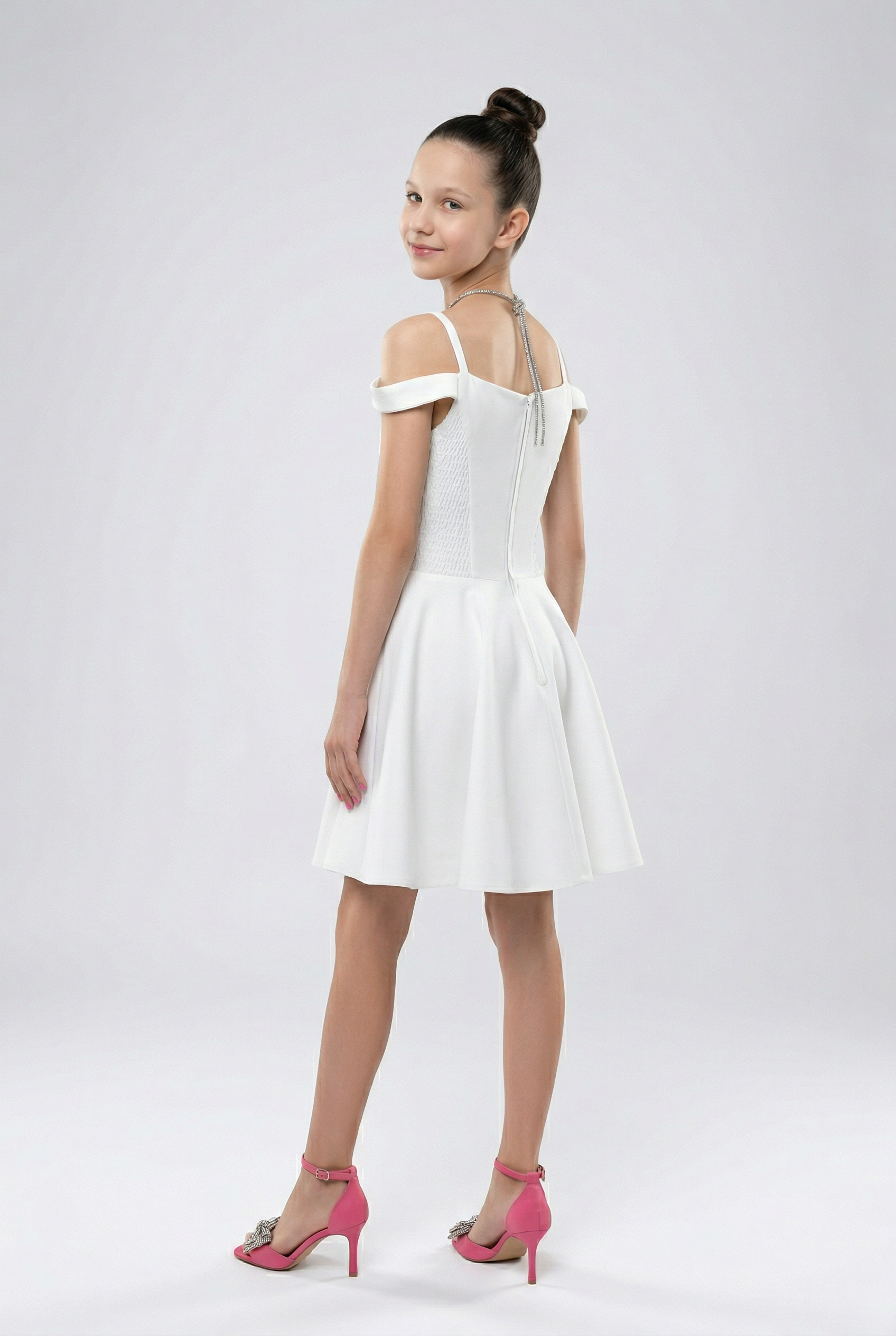 Girls Off-Shoulder Party Dress with Fitted Bodice - White