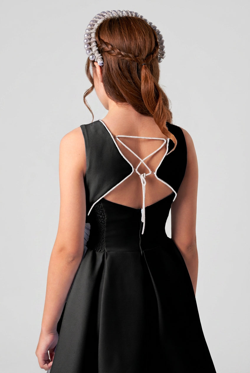 Girls Open Back Dress with Crystal Lace-Up Detail - Black Back Picture
