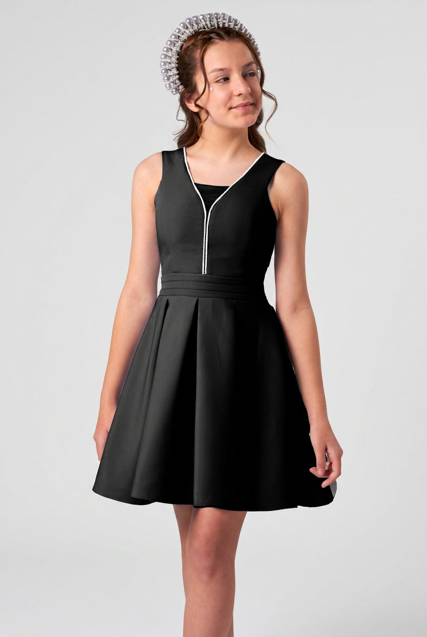 Girls Open Back Dress with Crystal Lace-Up Detail - Black
