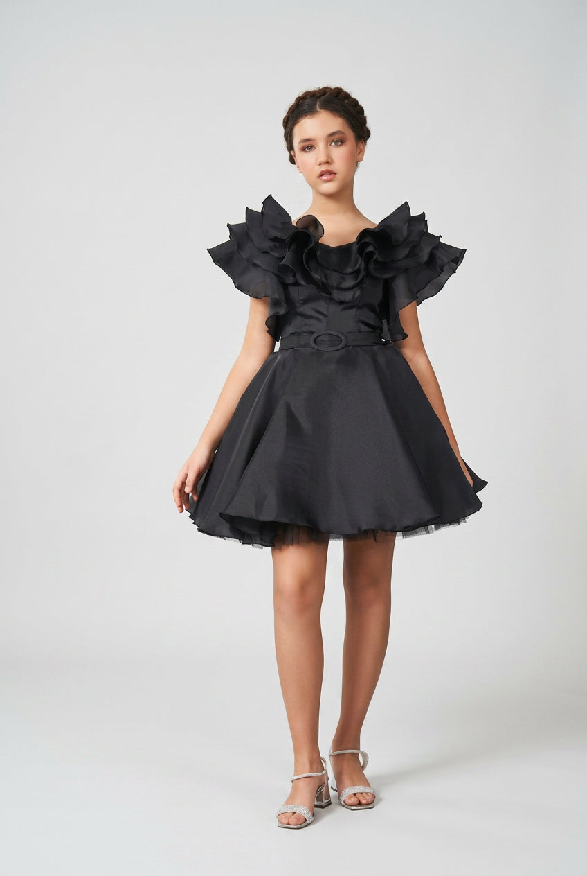 Girls Organza Dress with Tiered Ruffle Collar - Black Front Picture