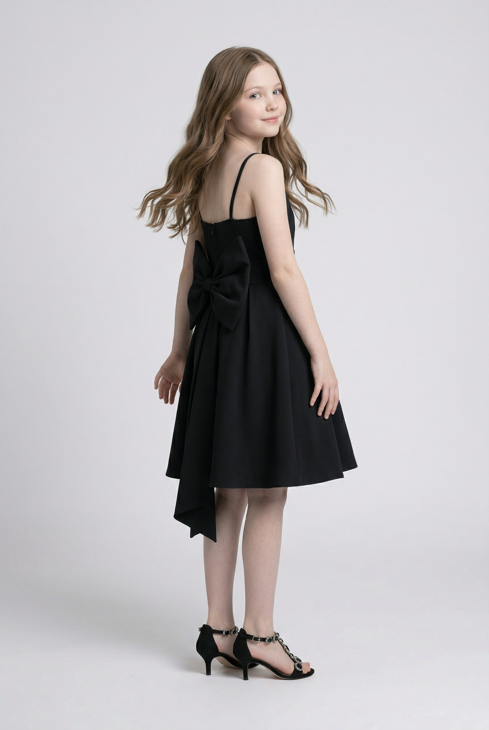 Girls Party Dress with Crystal Hip Detail & Bow - Black
