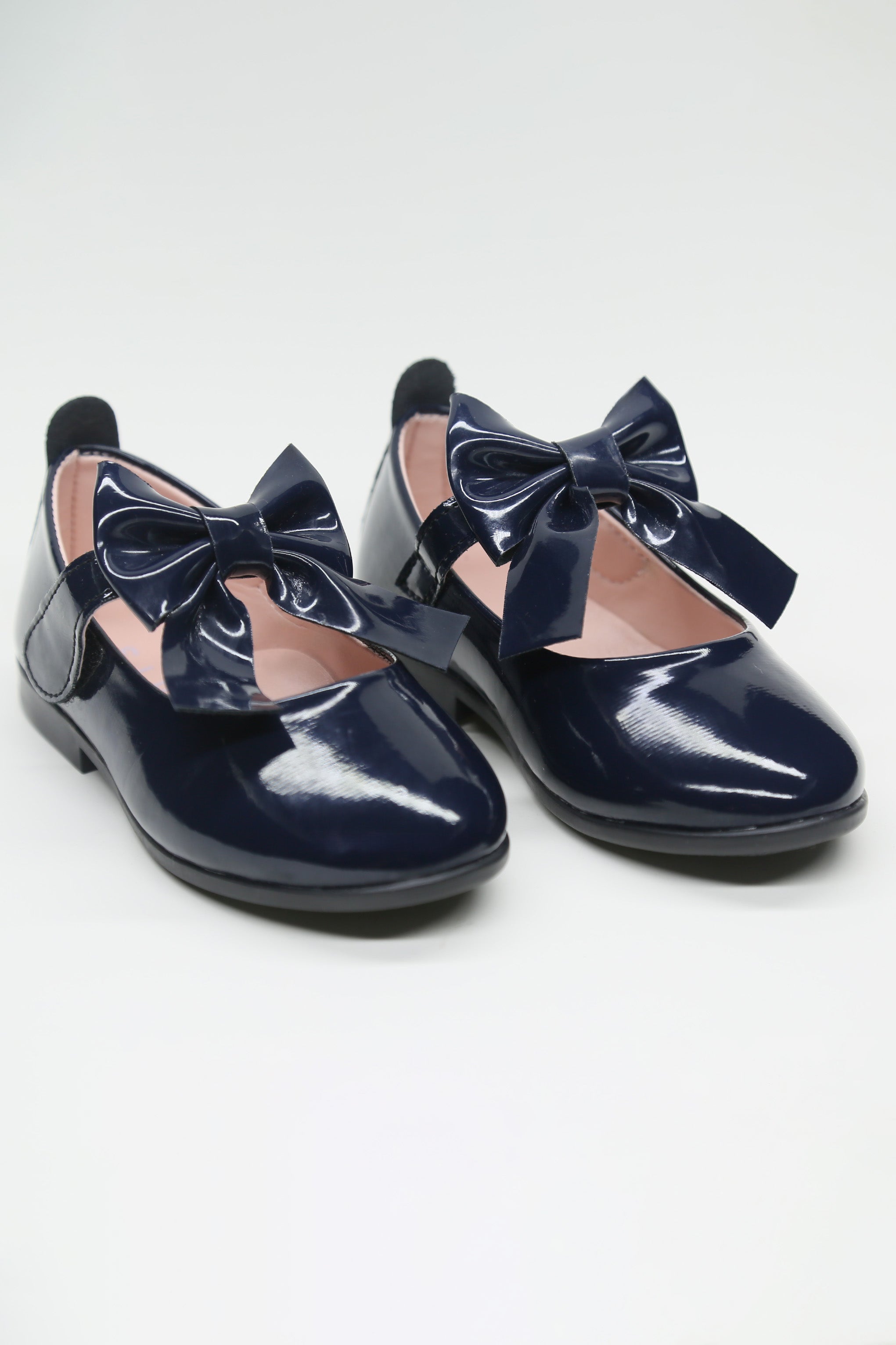Girls Patent Bow Velcro Flat Mary Jane Shoes - AMIRA - Navy Pair Side Picture