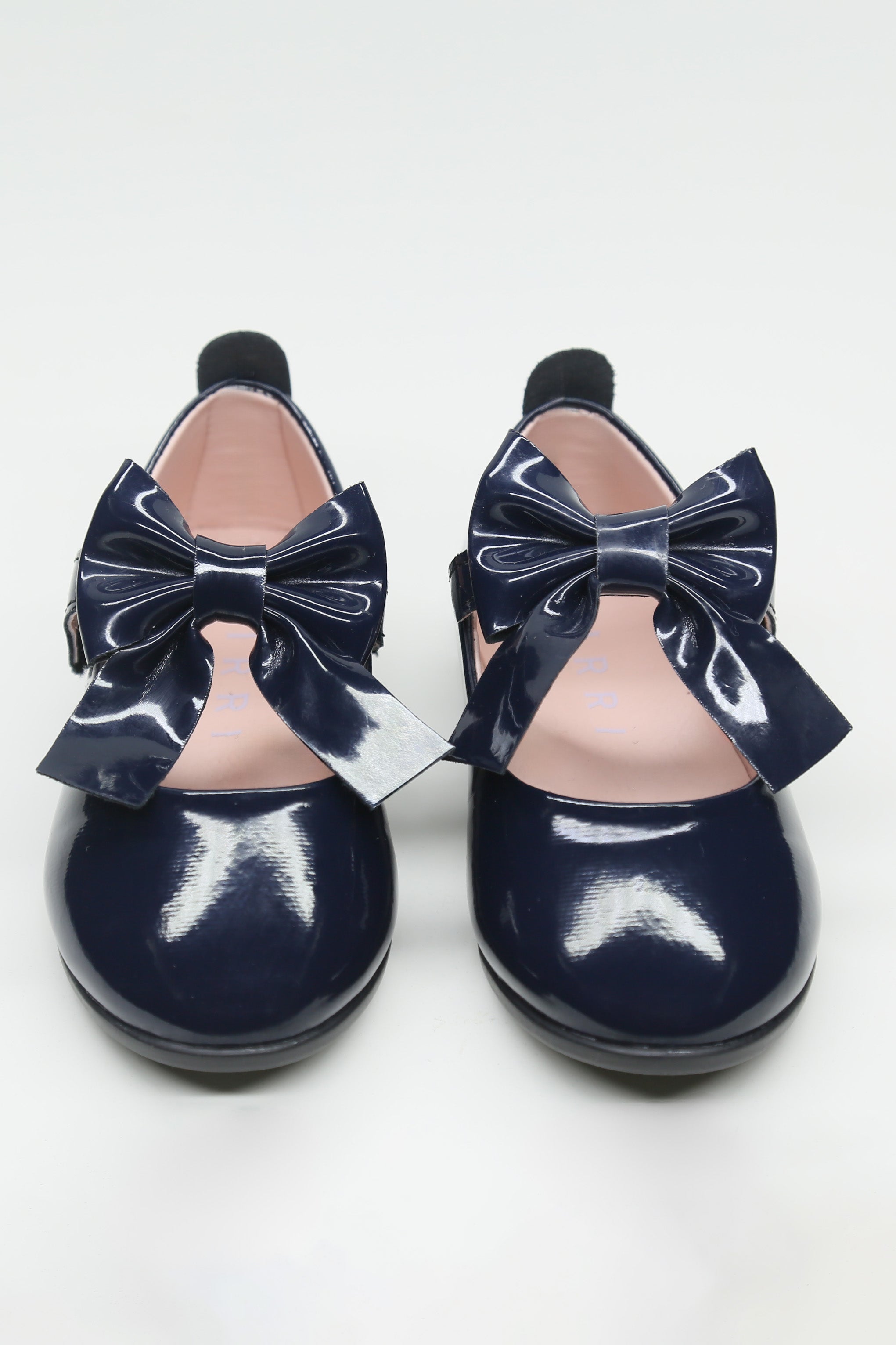 Girls Patent Bow Velcro Flat Mary Jane Shoes - AMIRA - Navy Front Picture