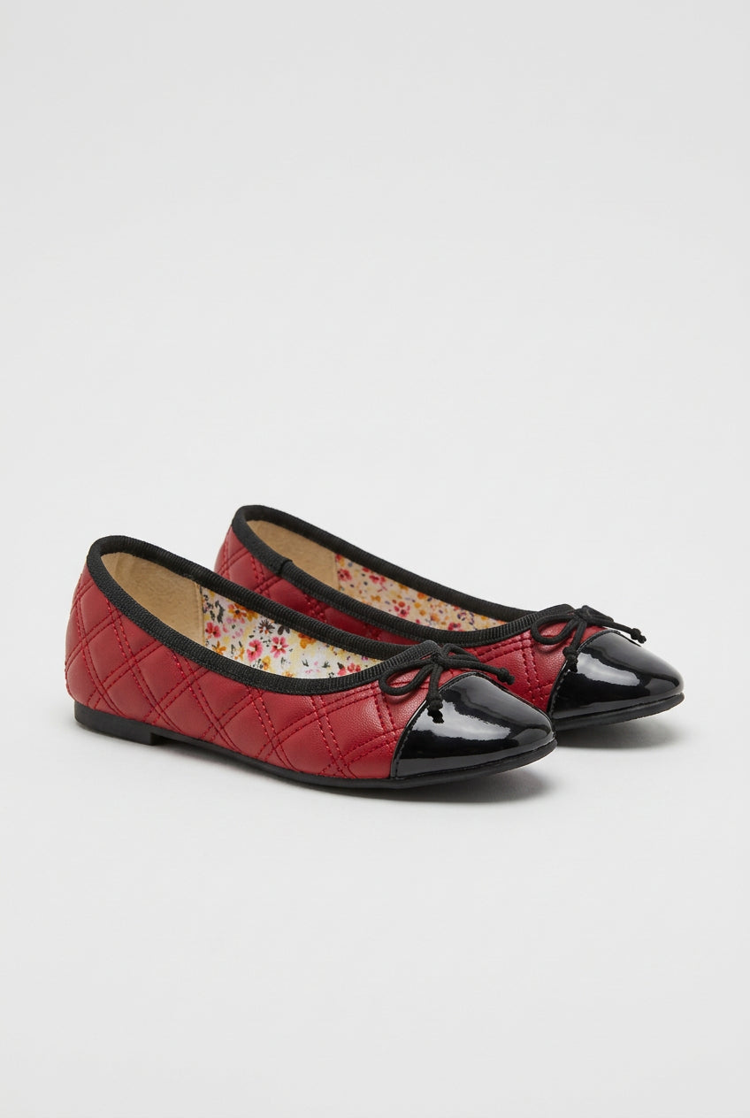 Girls Patent Cap Toe Quilted Ballet Flats - Black - Red Pair Side Picture