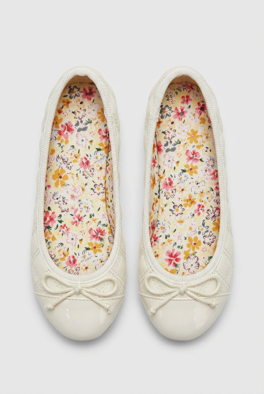 Girls Patent Cap Toe Quilted Ballet Flats - Off White Front Picture