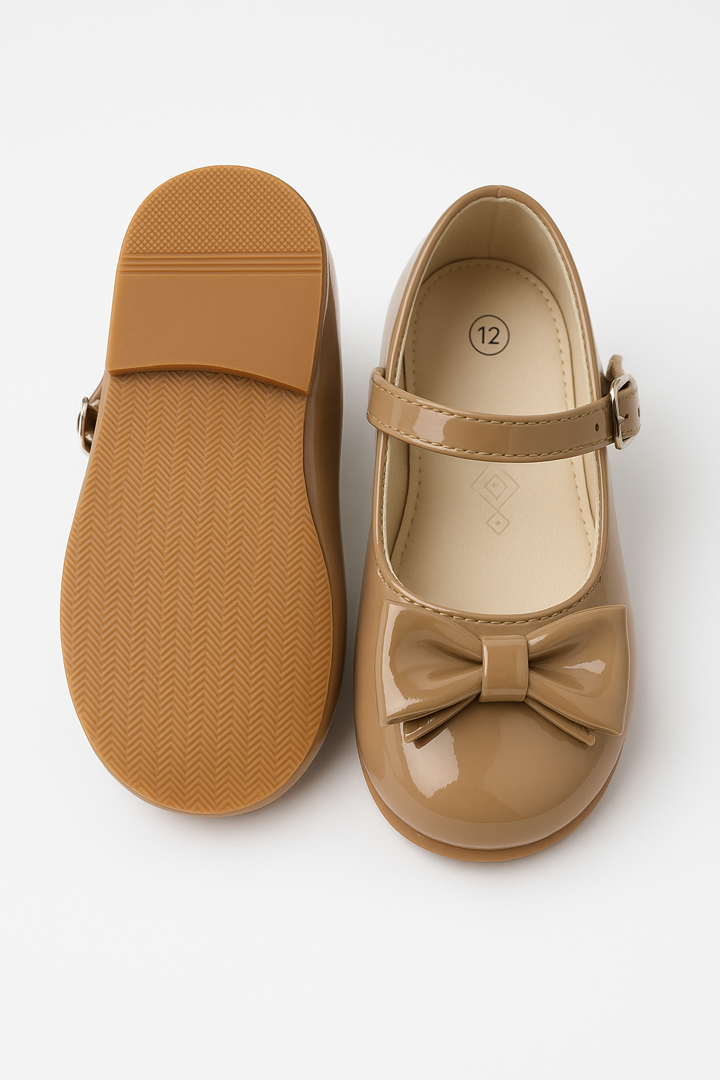 Girls Patent Mary Jane Shoes with Bow – LIYA - Camel Front and Back Picture