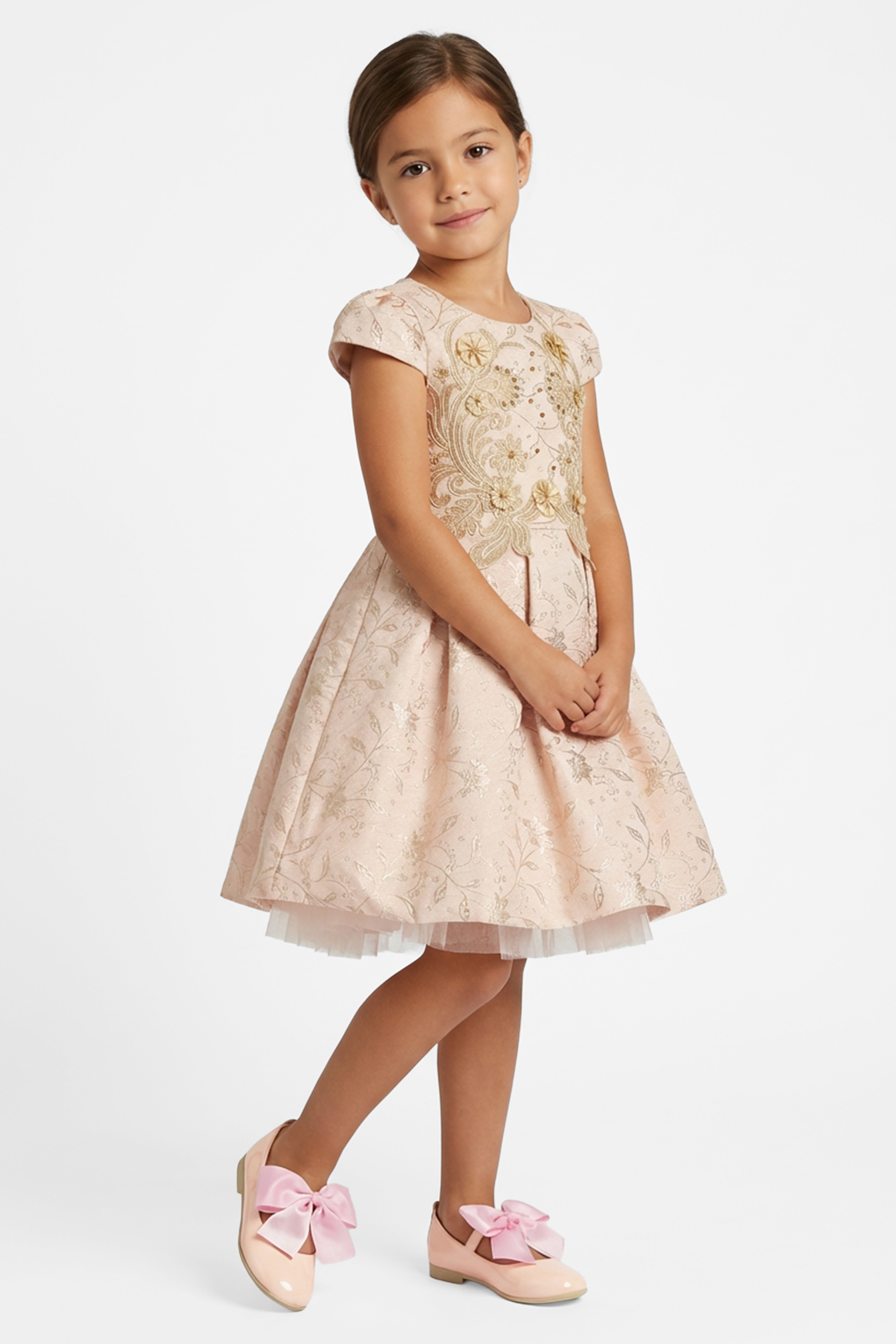 Girls Peach Floral Jacquard Dress