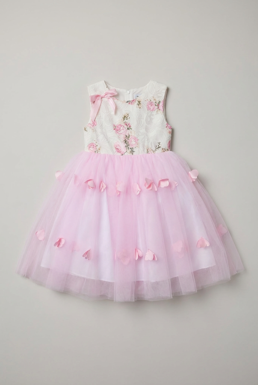 Girls Pink Floral Dress with Tulle Skirt & Back Bow
