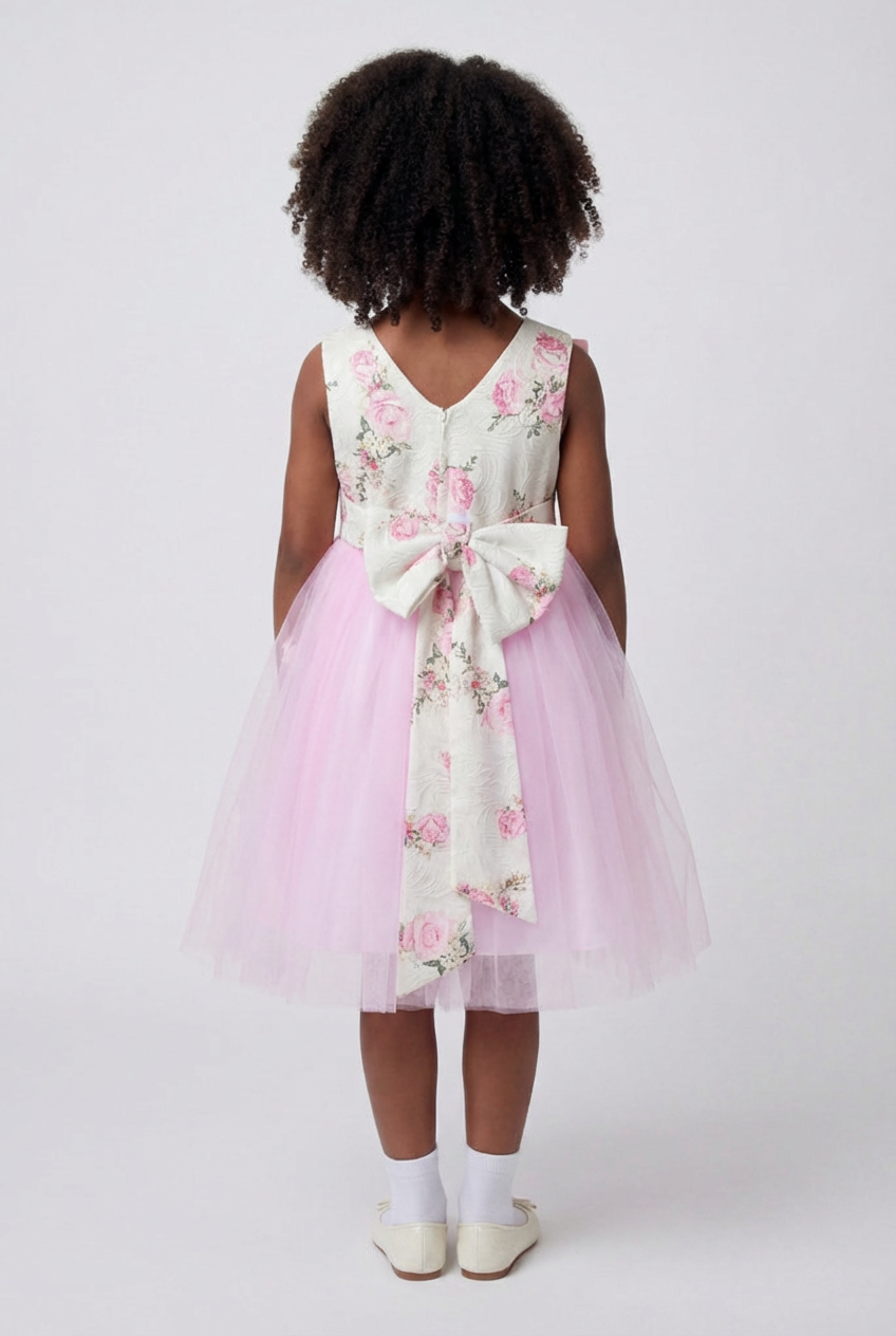 Girls Pink Floral Dress with Tulle Skirt & Back Bow