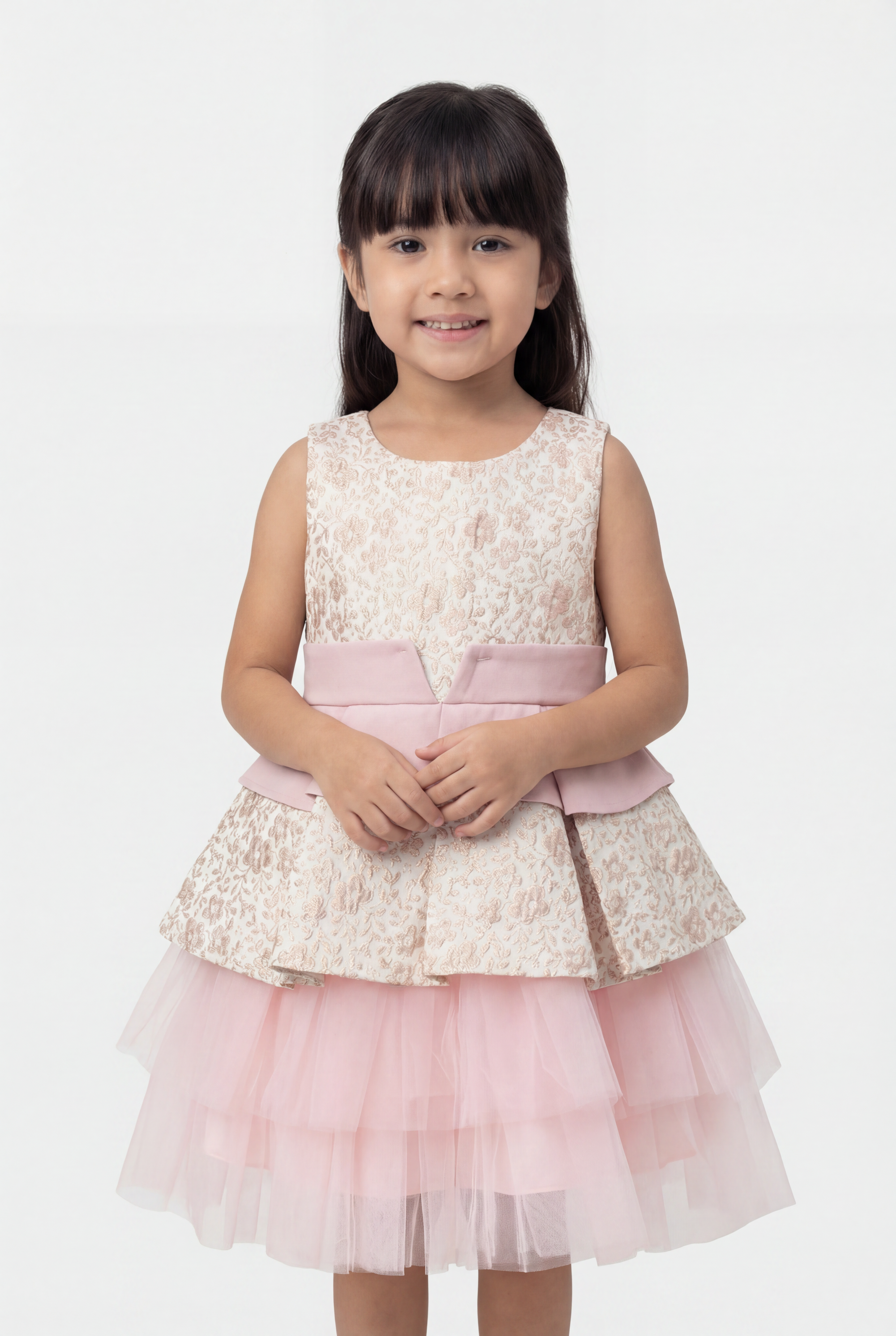Girls Pink Floral Jacquard Dress with Detachable Bow