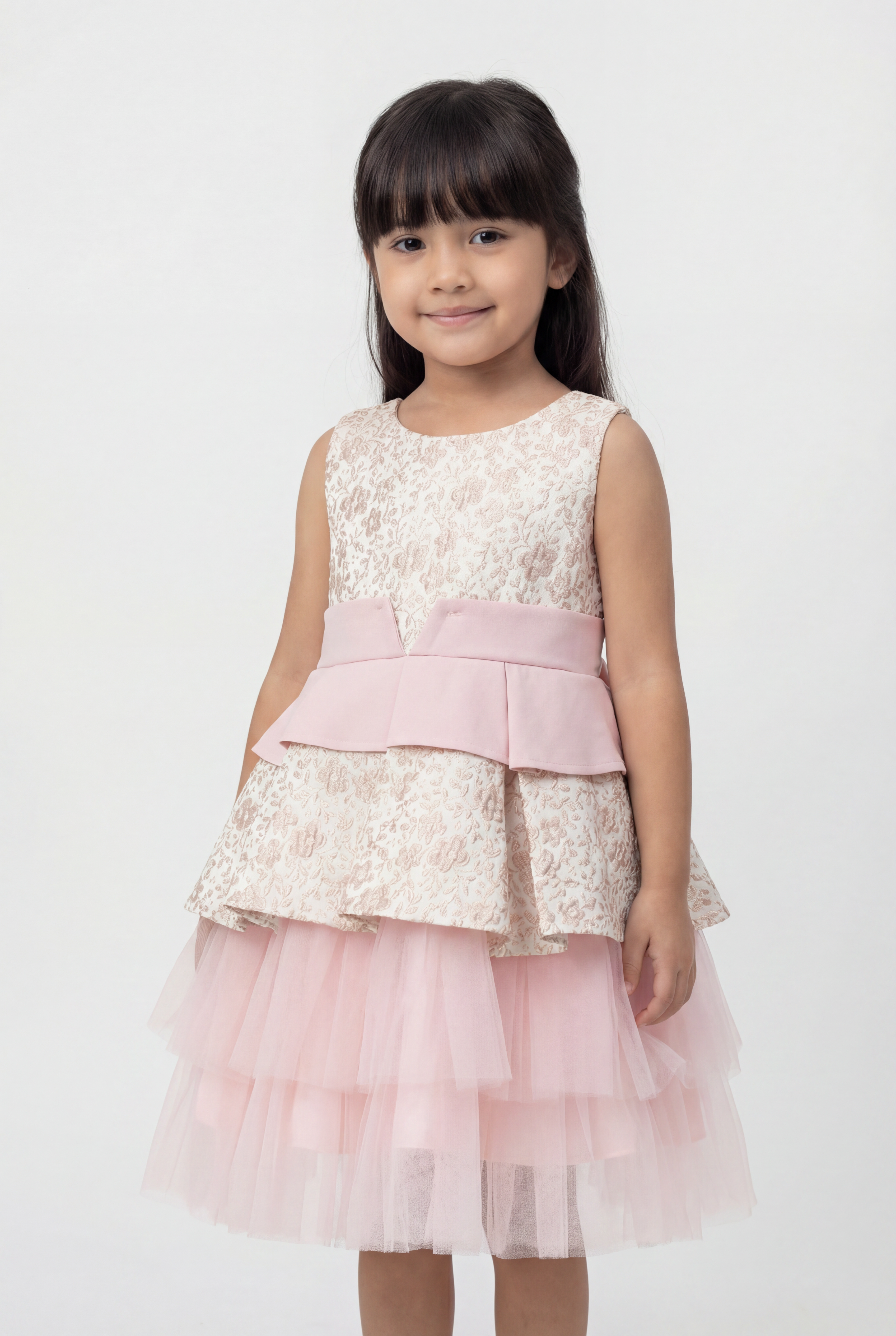 Girls Pink Floral Jacquard Dress with Detachable Bow