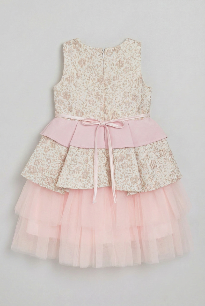 Girls Pink Floral Jacquard Dress with Detachable Bow
