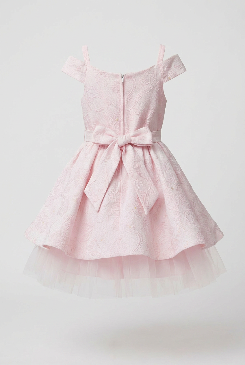 Girls Pink Jacquard Party Dress with Bow & Tulle Skirt