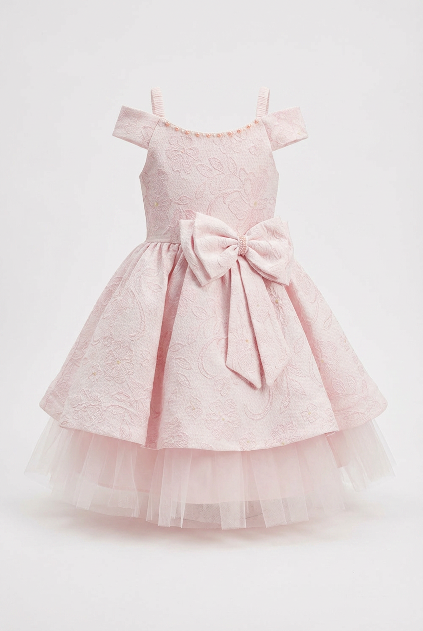 Girls Pink Jacquard Party Dress with Bow & Tulle Skirt