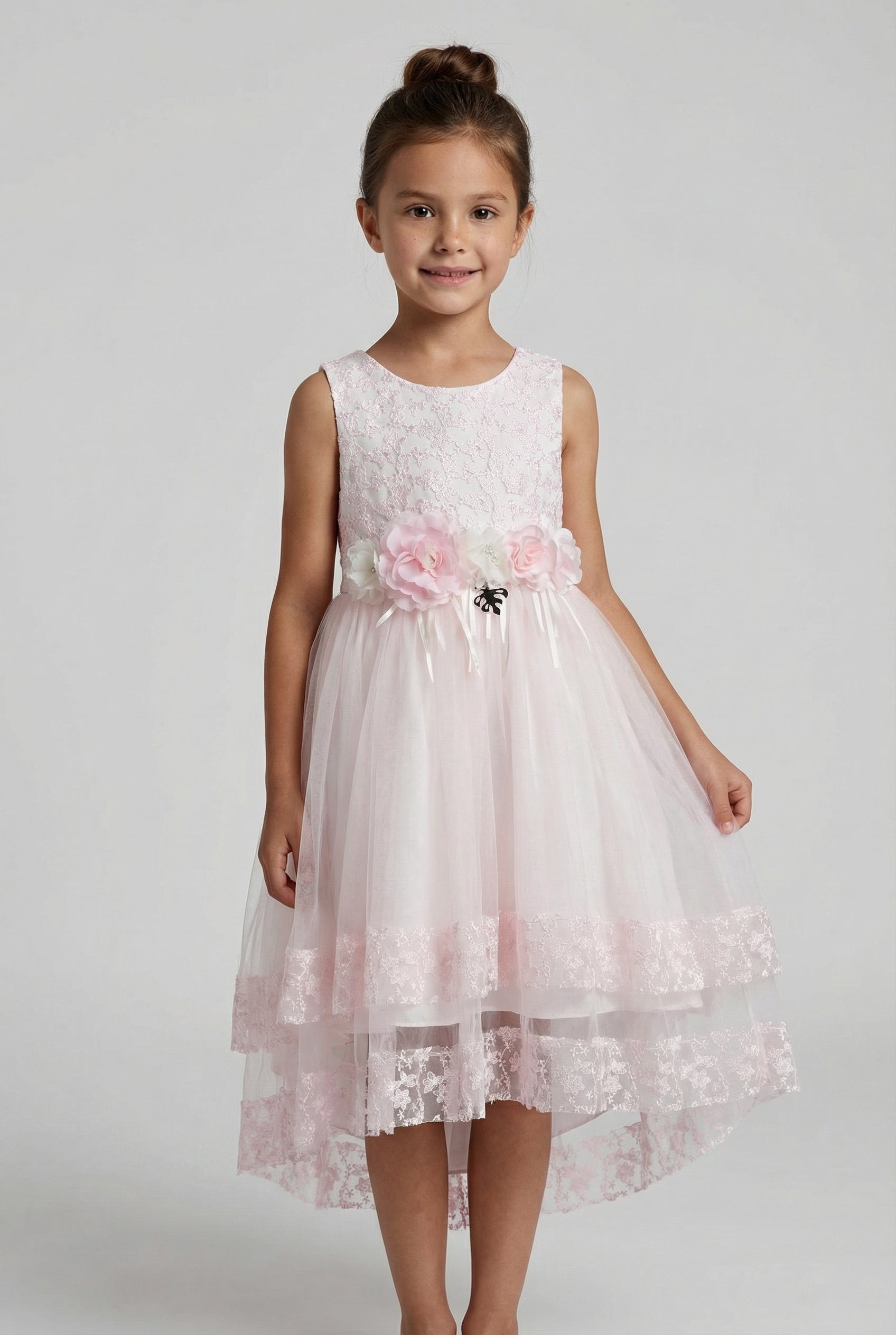 Girls Pink Lace High Low Tulle Dress Front Picture