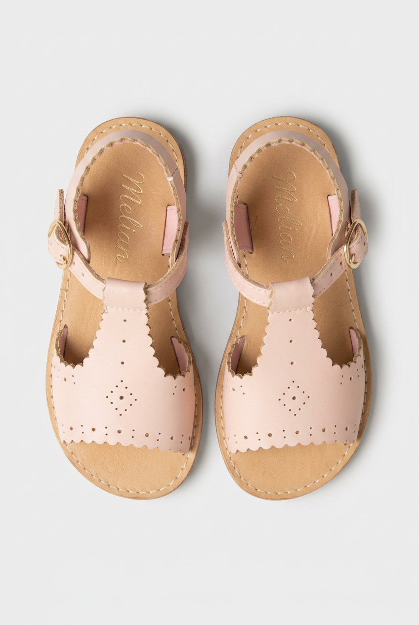 Girls Pink Leather T-Bar Sandals – Scalloped Spanish-Style Summer Sandals