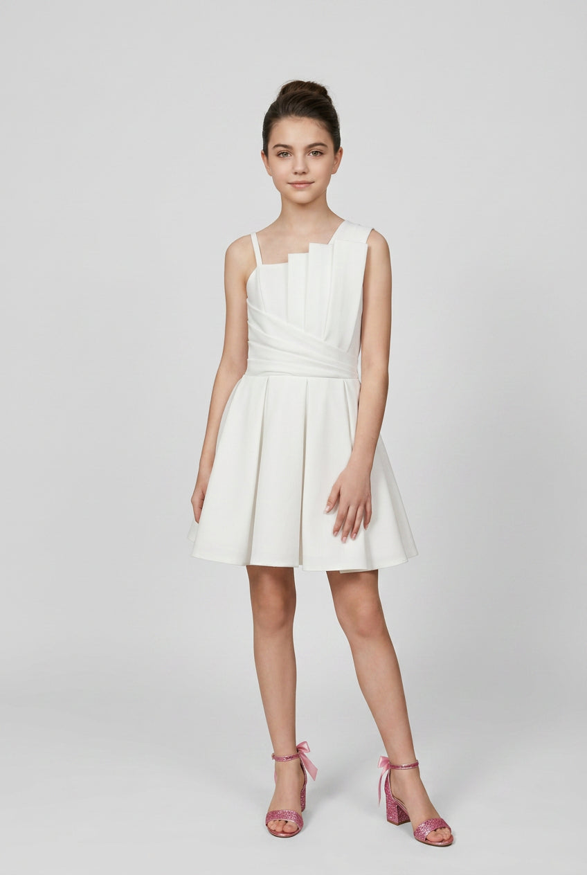 Girls Pleated Bodice Short Occasion Dress - White