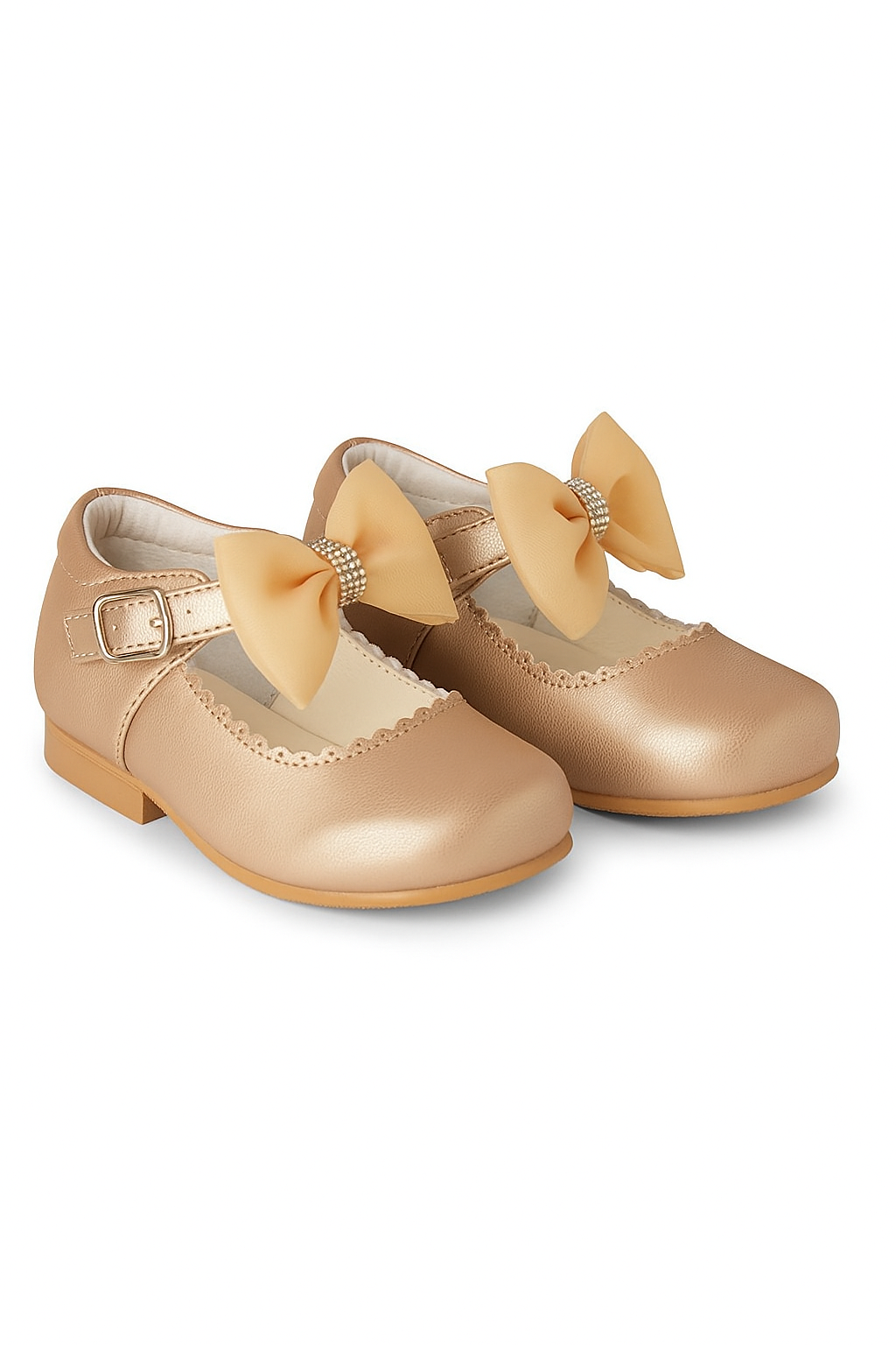 Girls Rhinestone Mary Jane Shoes with Bow – ZURI - Gold Pair Side Picture