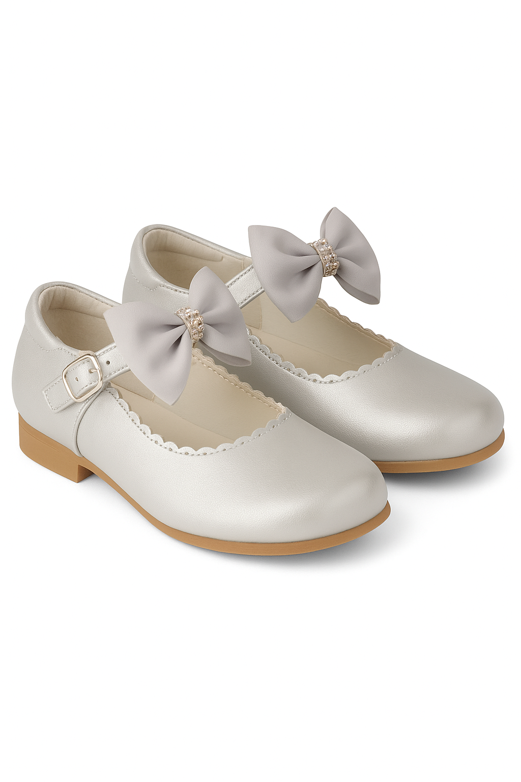 Girls Rhinestone Mary Jane Shoes with Bow – ZURI - Silver Pair Picture