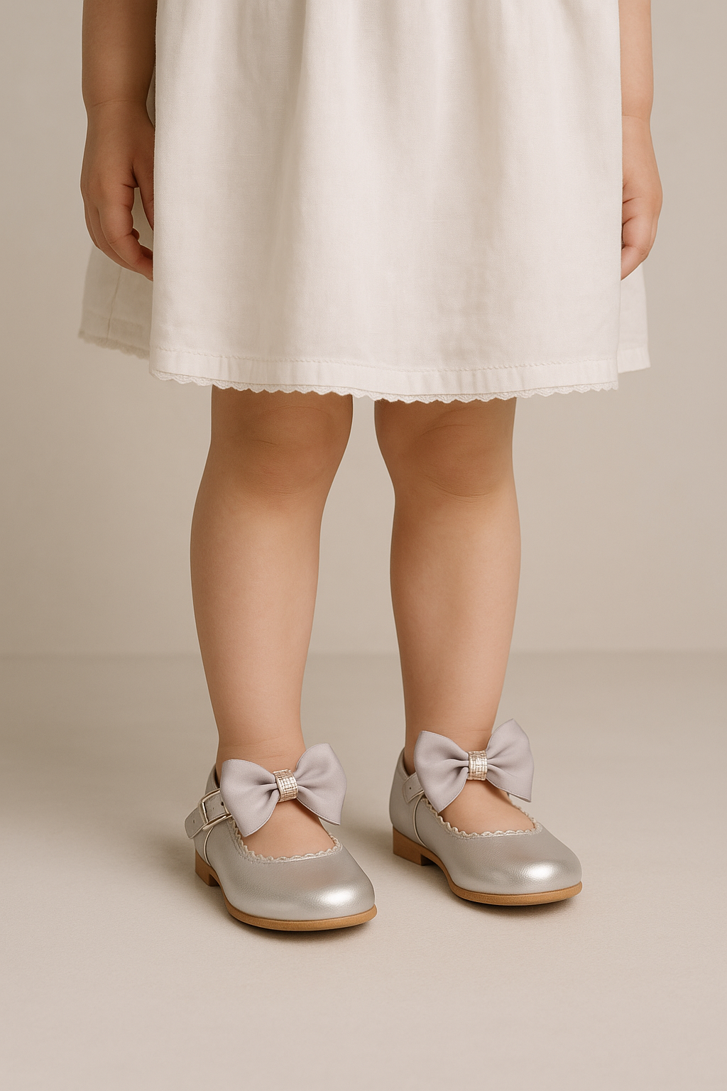 Girls Rhinestone Mary Jane Shoes with Bow – ZURI - Silver Modle Picture