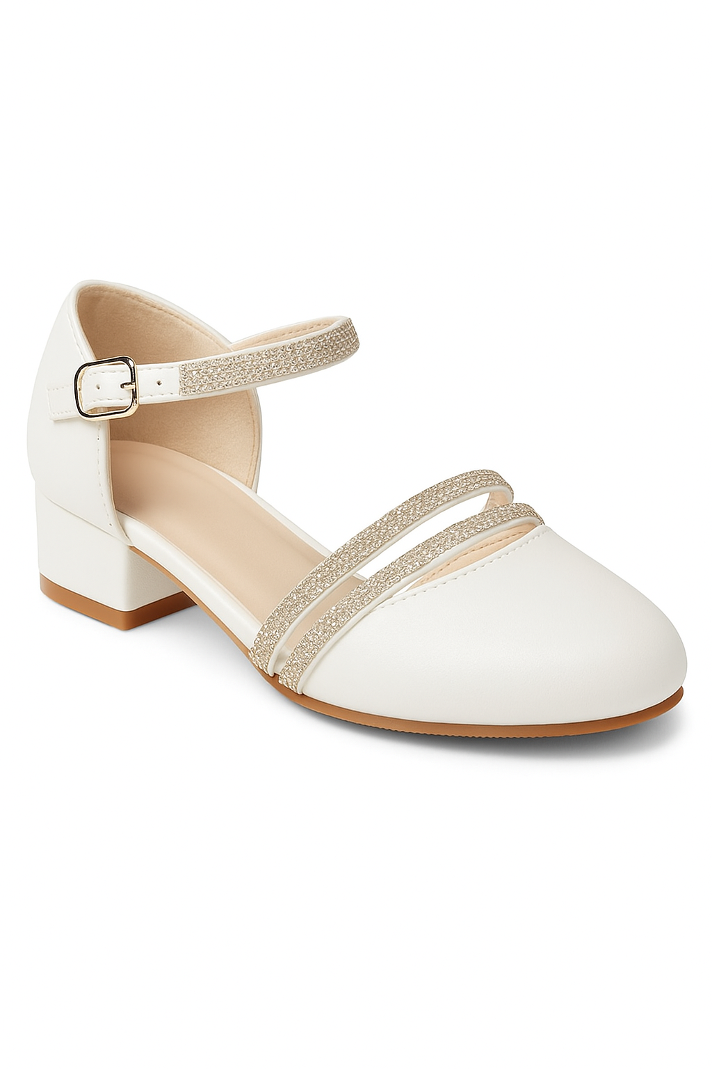 Girls Rhinestone Straps Low Heel Shoes – DREAM - Ivory Side Picture