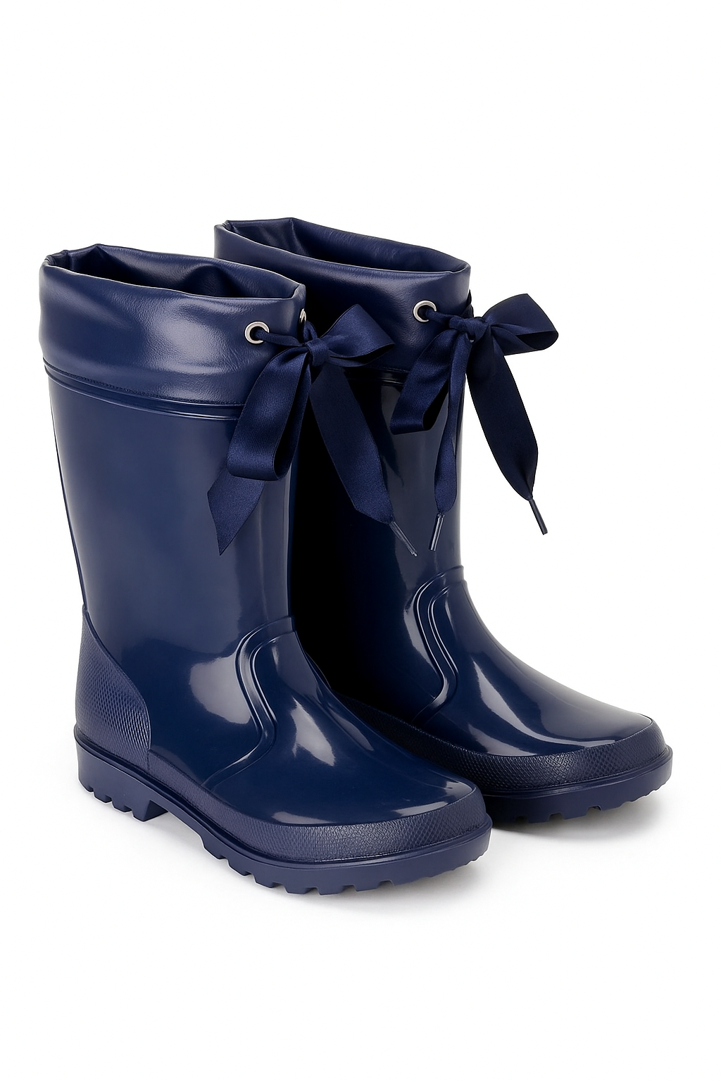 Girls Ribbon Wellington Boots, Waterproof Wellies - DALLAS - Navy Blue Pair Side Picture