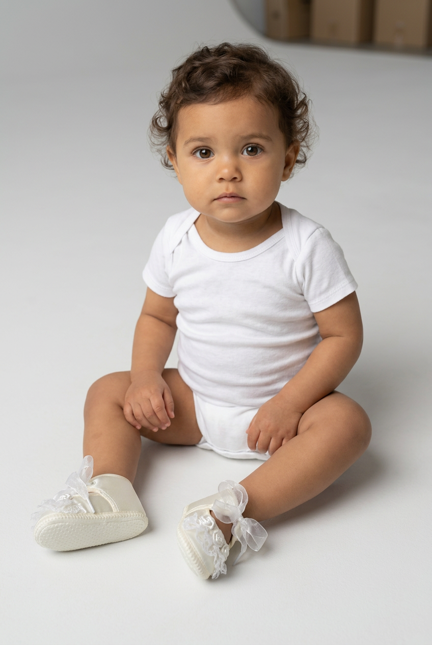 Girls Satin Lace Rose Pram Shoes - Ivory