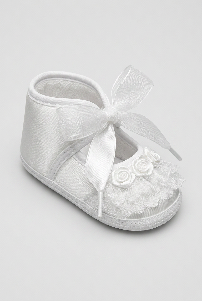 Girls Satin Lace Rose Pram Shoes - White