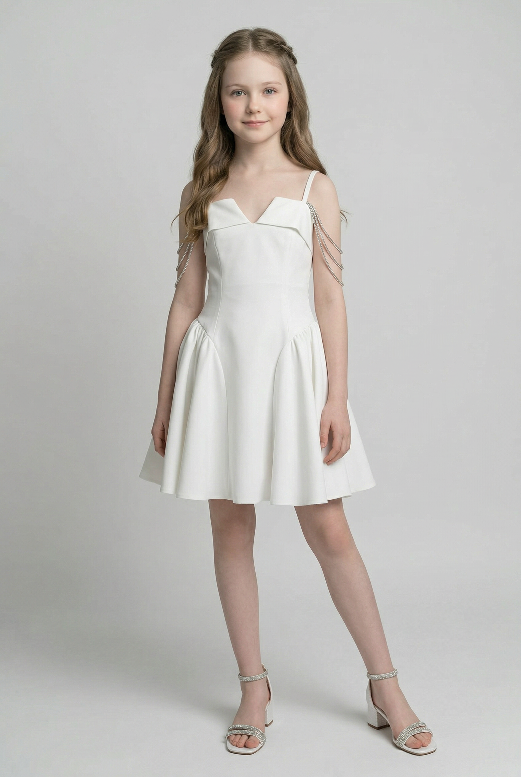 Girls Short Occasion Dress with Crystal Off-Shoulder Straps - White