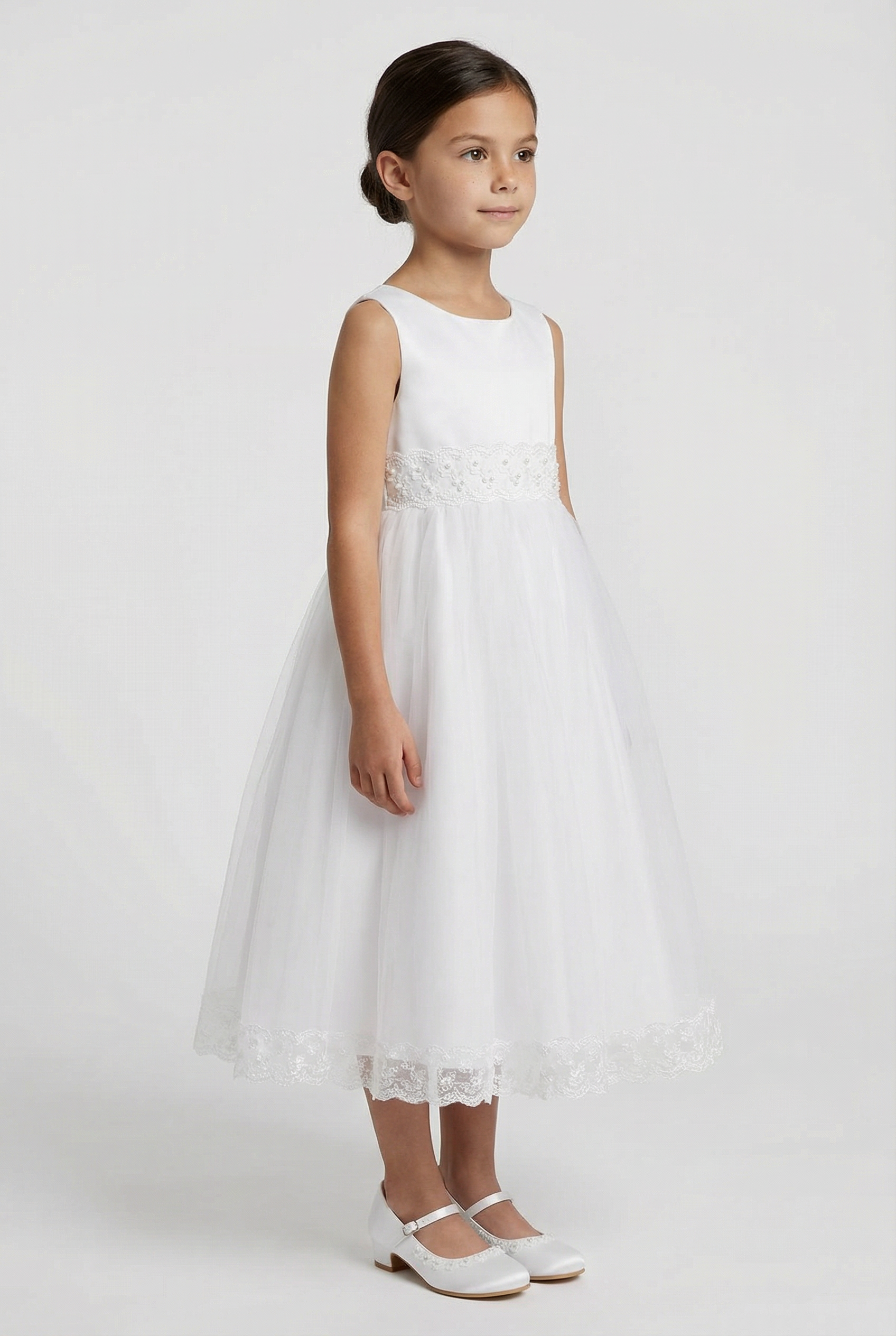 Girls Sleeveless Communion Dress with Lace Hem - Grace - White Side Picture