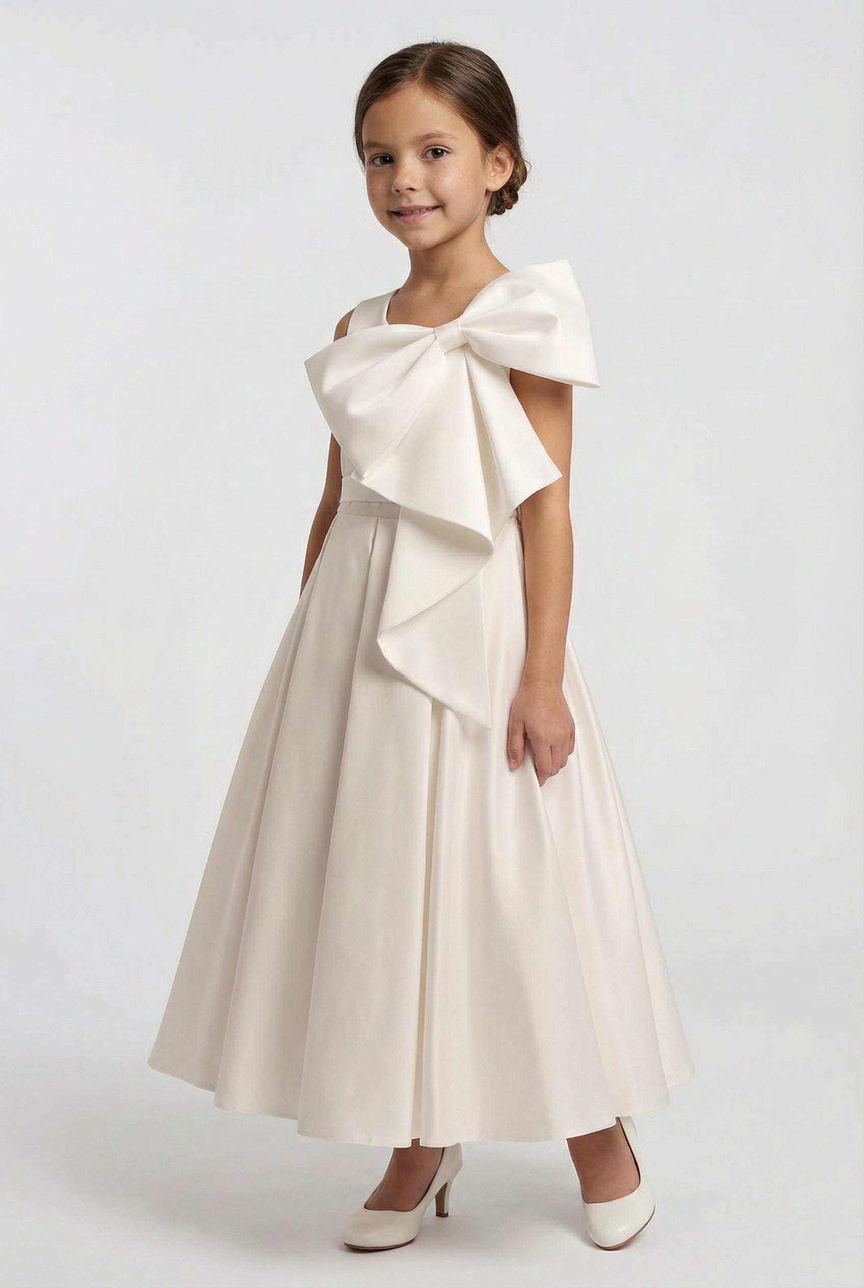 Girls Sleeveless Dress with Satin Bow Shoulder - Saffa - Ivory Side Picture