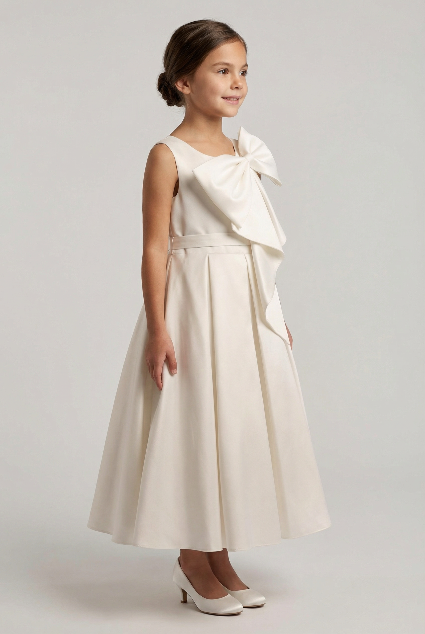 Girls Sleeveless Dress with Satin Bow Shoulder - Saffa - Ivory Model Side Picture
