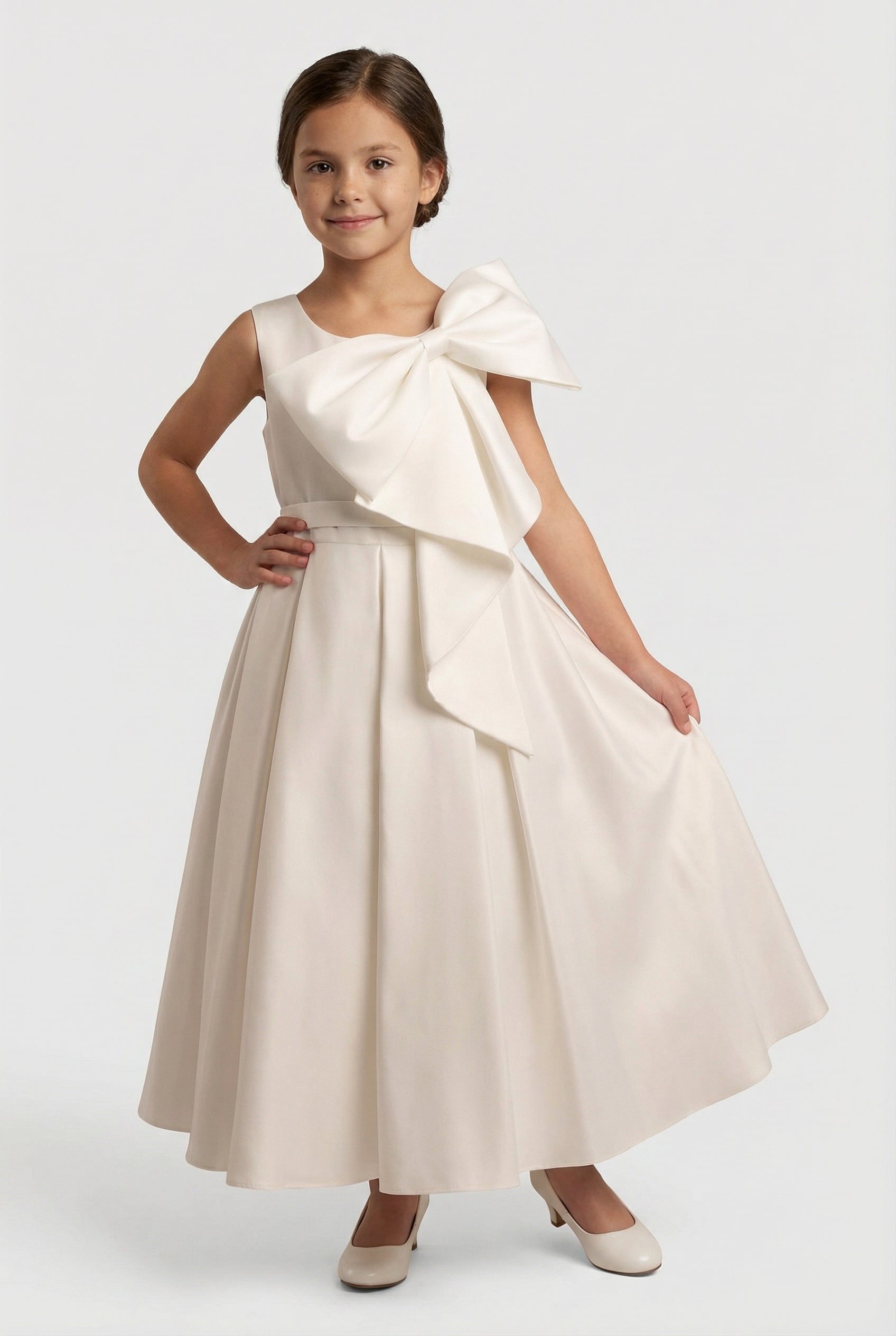 Girls Sleeveless Dress with Satin Bow Shoulder - Saffa - Ivory Model Picture