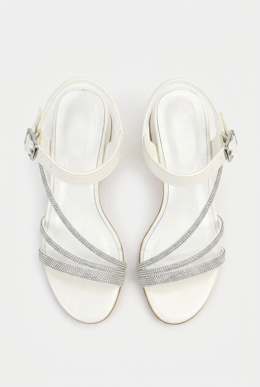 Girls Strappy Block Heel Sandals with Rhinestones - Tiana - Pearl White