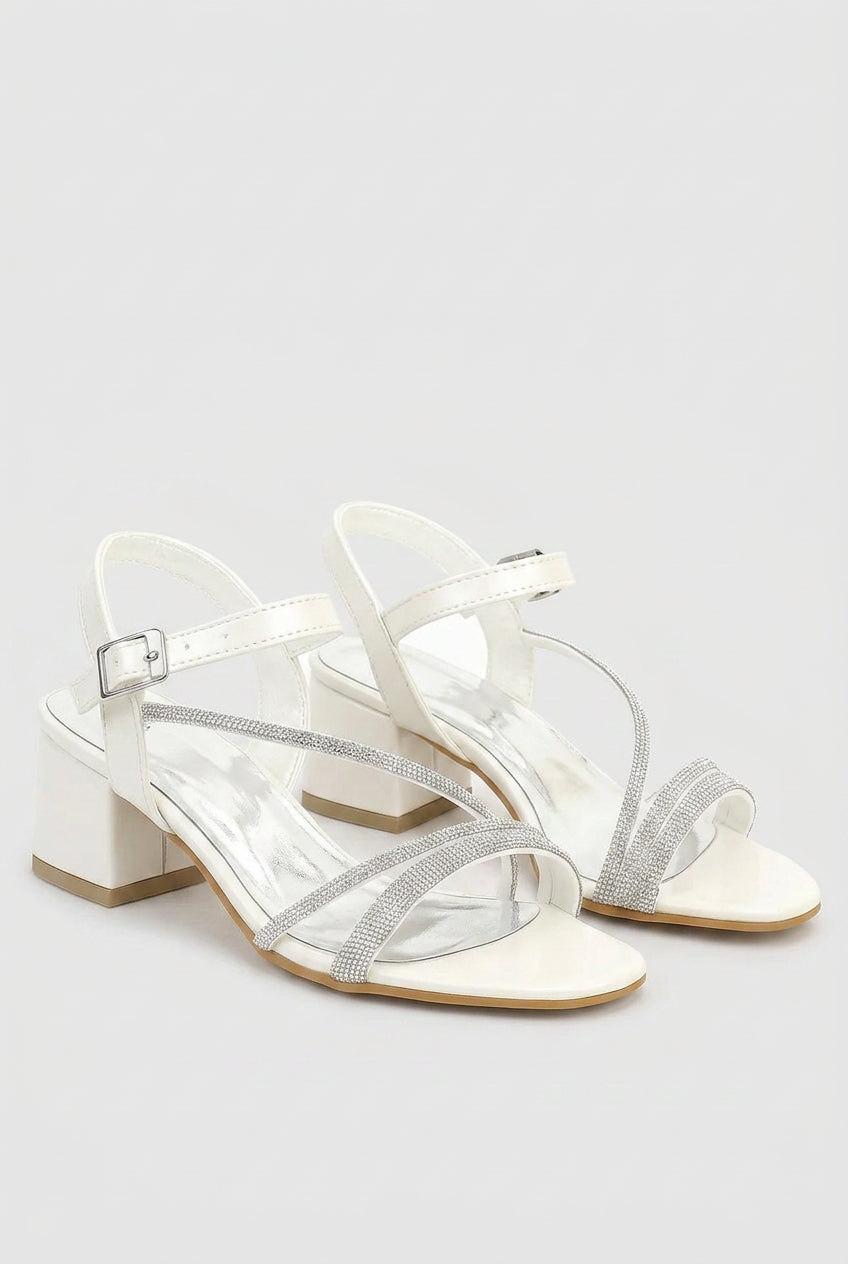 Girls Strappy Block Heel Sandals with Rhinestones - Tiana - Pearl White